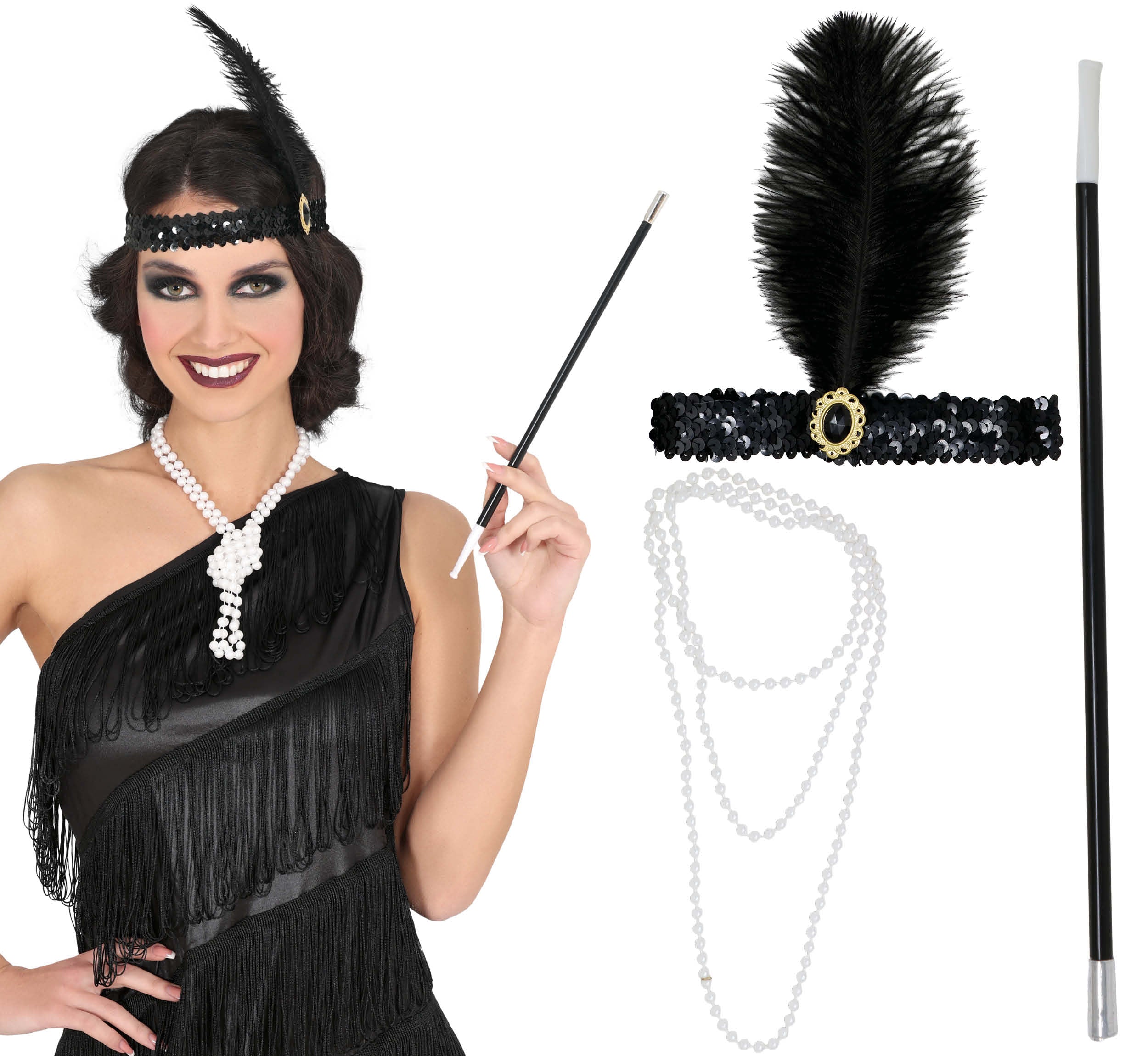 GP27335 – 20S Flapper Kopfschmuck Perlenkette – Farbe: Weiß / Schwarz
