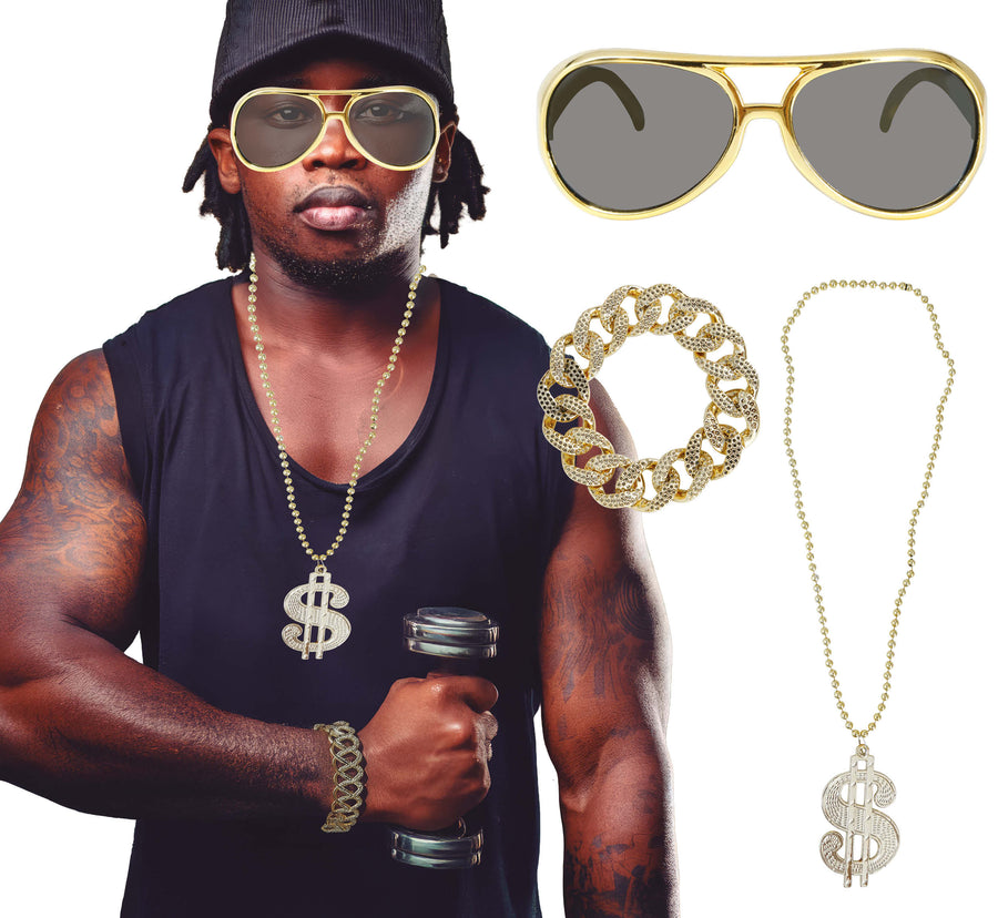 Hip Hop Set für Herren gold 3 teilig