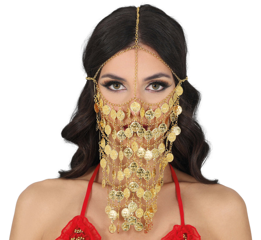 Münzschleier Maske für Damen 20 cm gold
