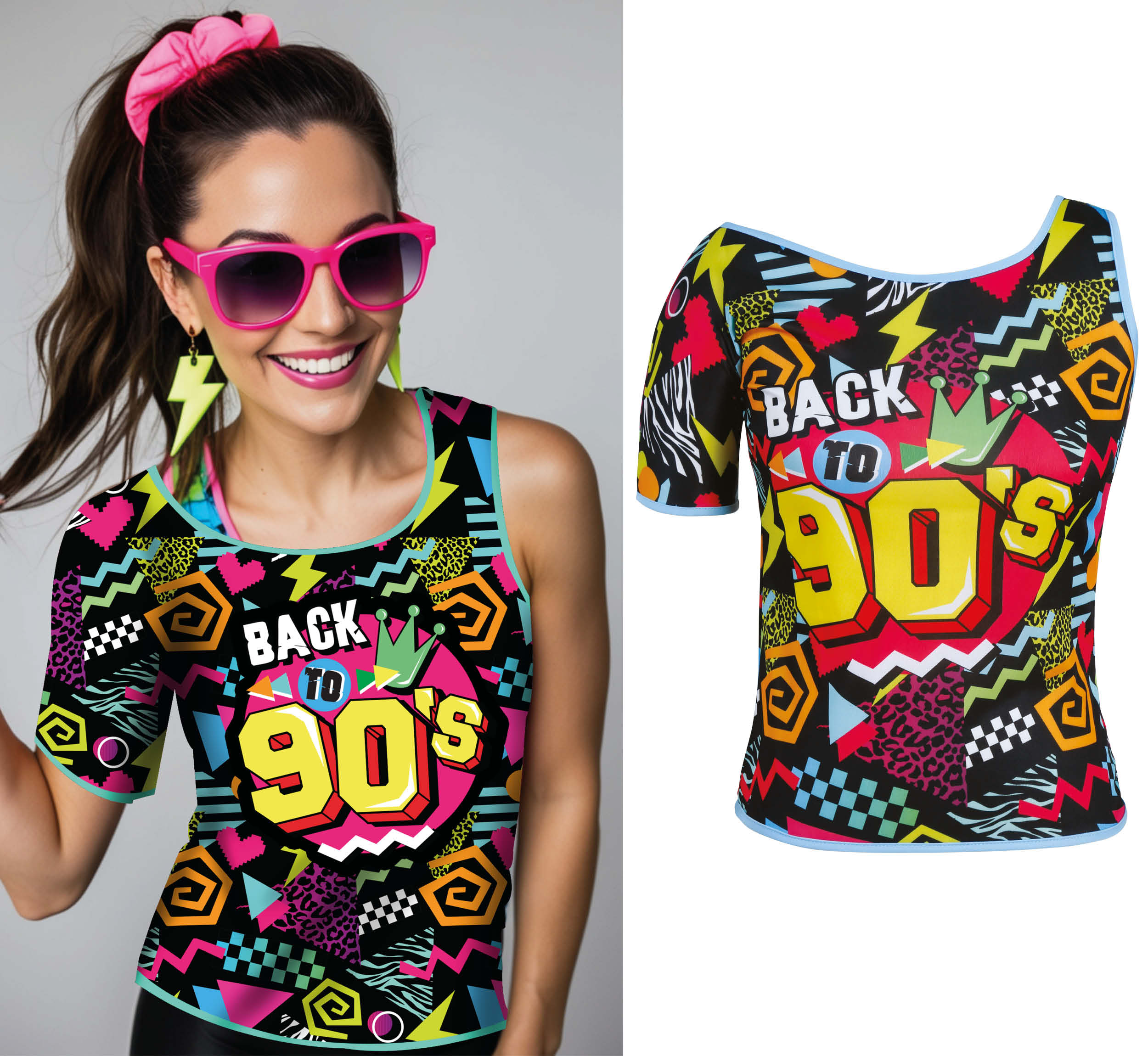 GP27442 – 90s Disco Outfit Neon Design – Größe: 42 - 44 (L) – Farbe: Mehrfarbig
