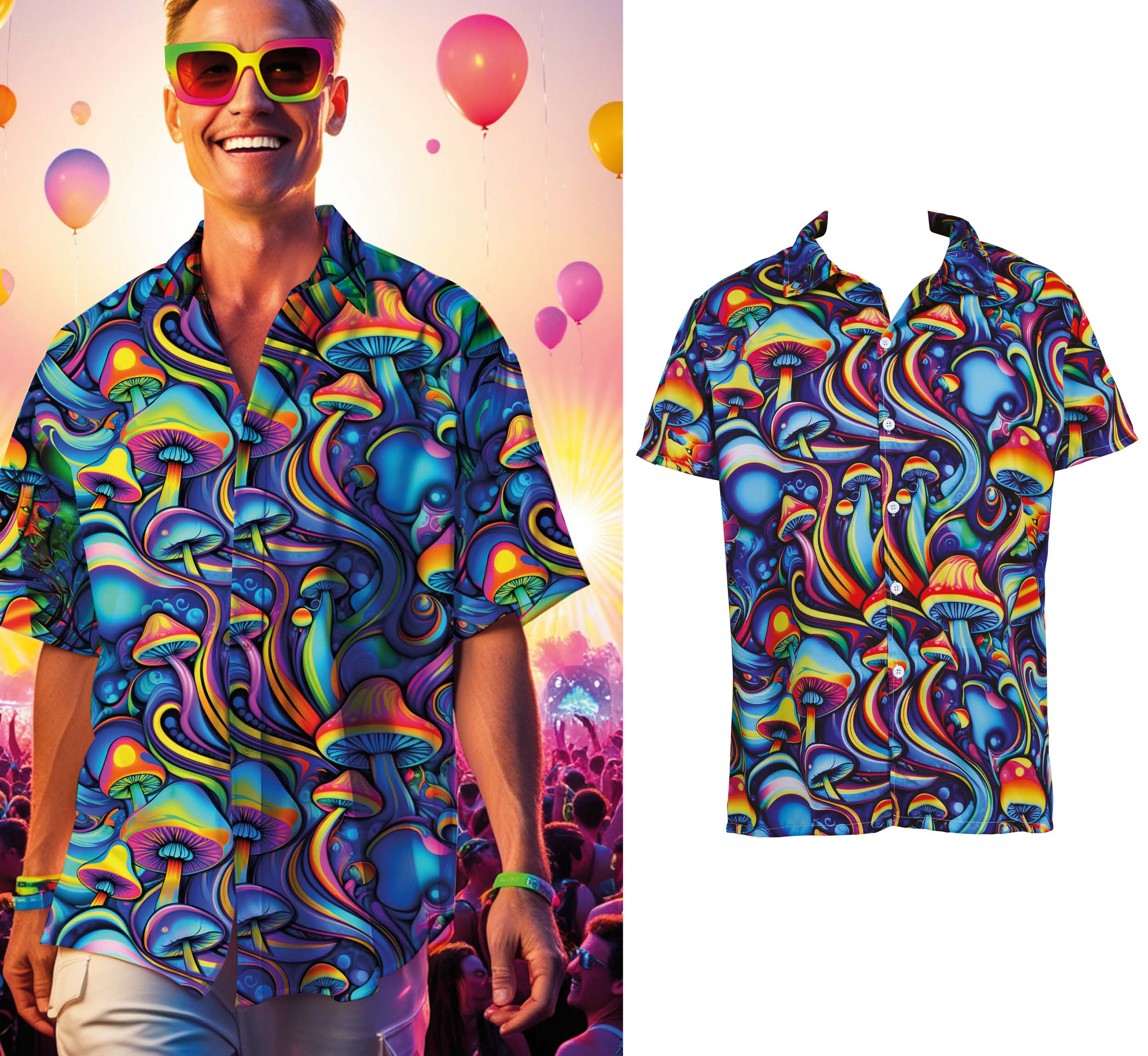 GP27451 – Pilz Design Hemd Karneval Psychedelische Farben – Größe: 52 - 54 (L), 48 - 50 (M) – Farbe: Mehrfarbig