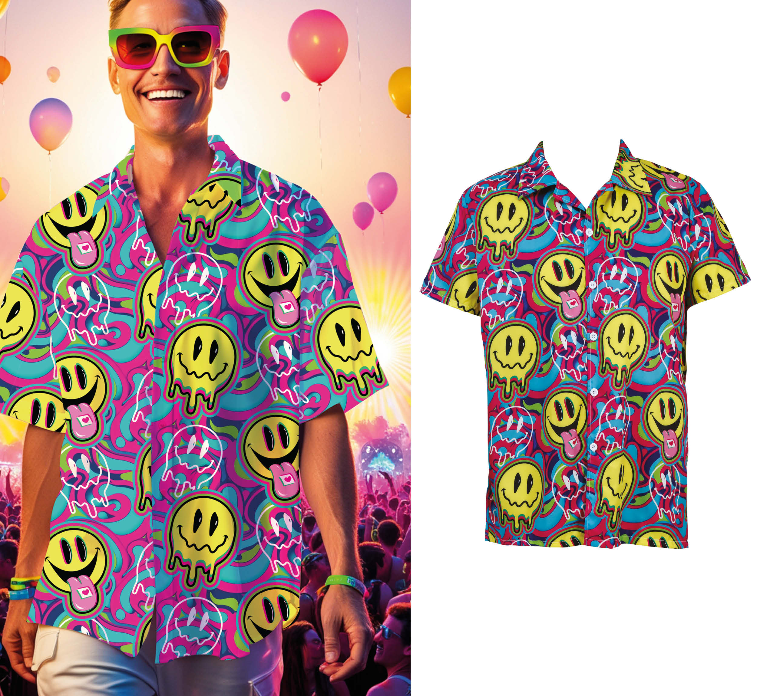 GP27453 – Festival Outfit Karneval Shirt Bunte Muster – Größe: 52 - 54 (L), 48 - 50 (M) – Farbe: Mehrfarbig
