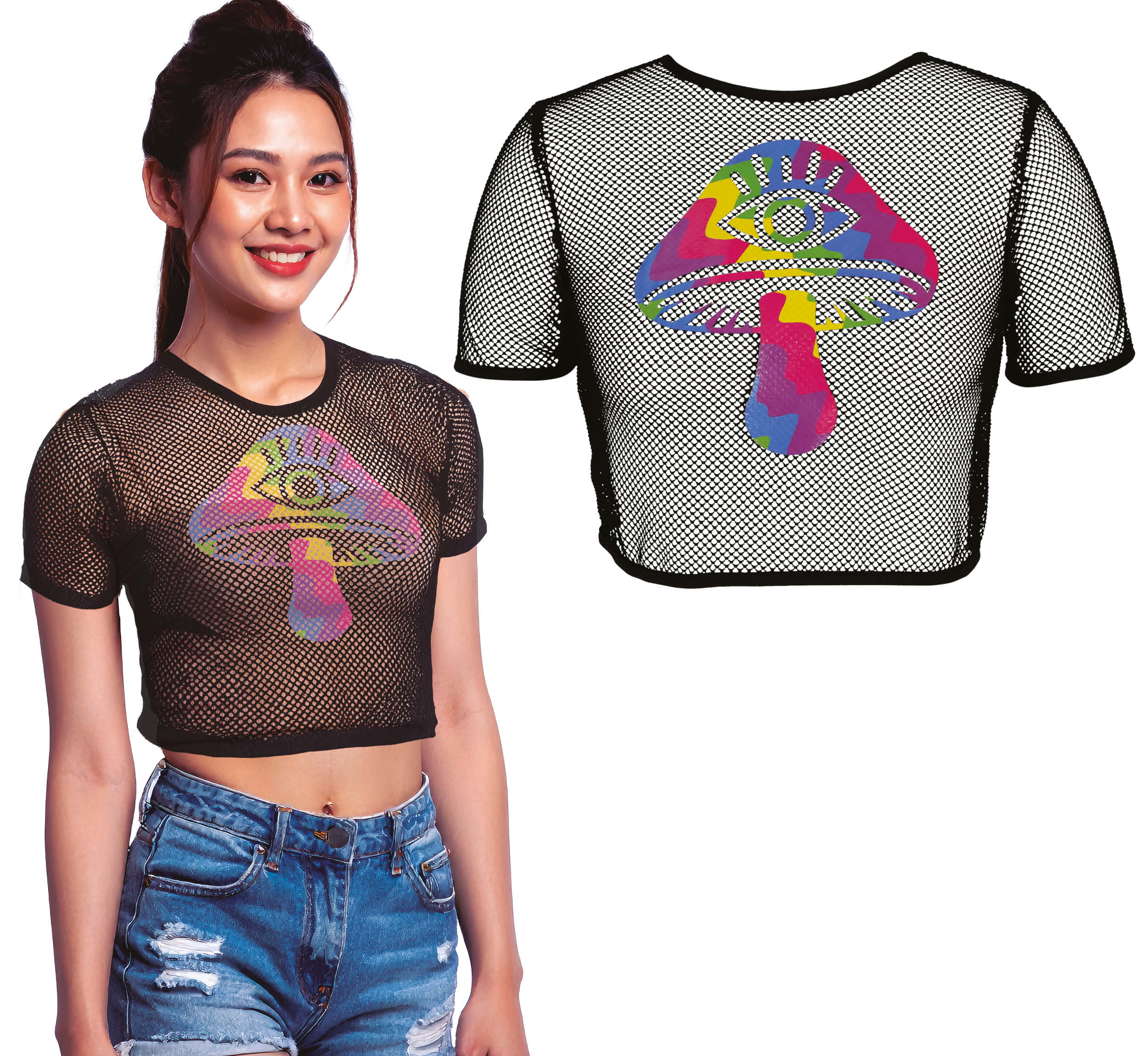 GP27467 – Festival Pilz Netzshirt Magisches – Größe: 38 - 40 (M), 42 - 44 (L) – Farbe: Mehrfarbig