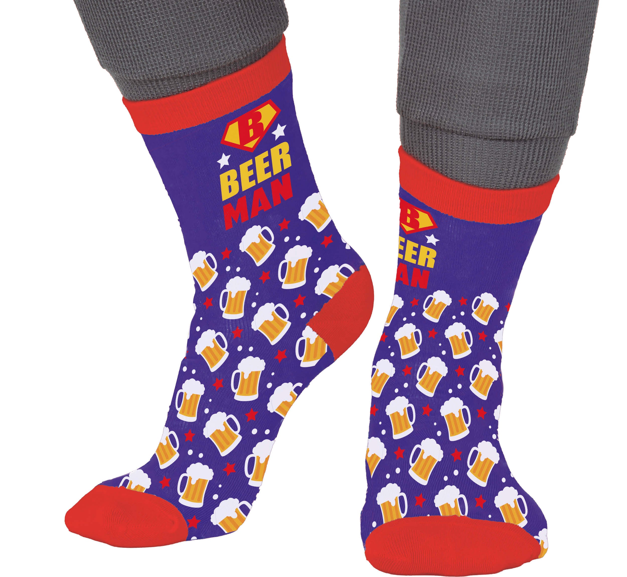 GP27513 – Bier Held Socken Karneval Motiv – Größe: 37 - 41, 42 - 48 – Farbe: Mehrfarbig