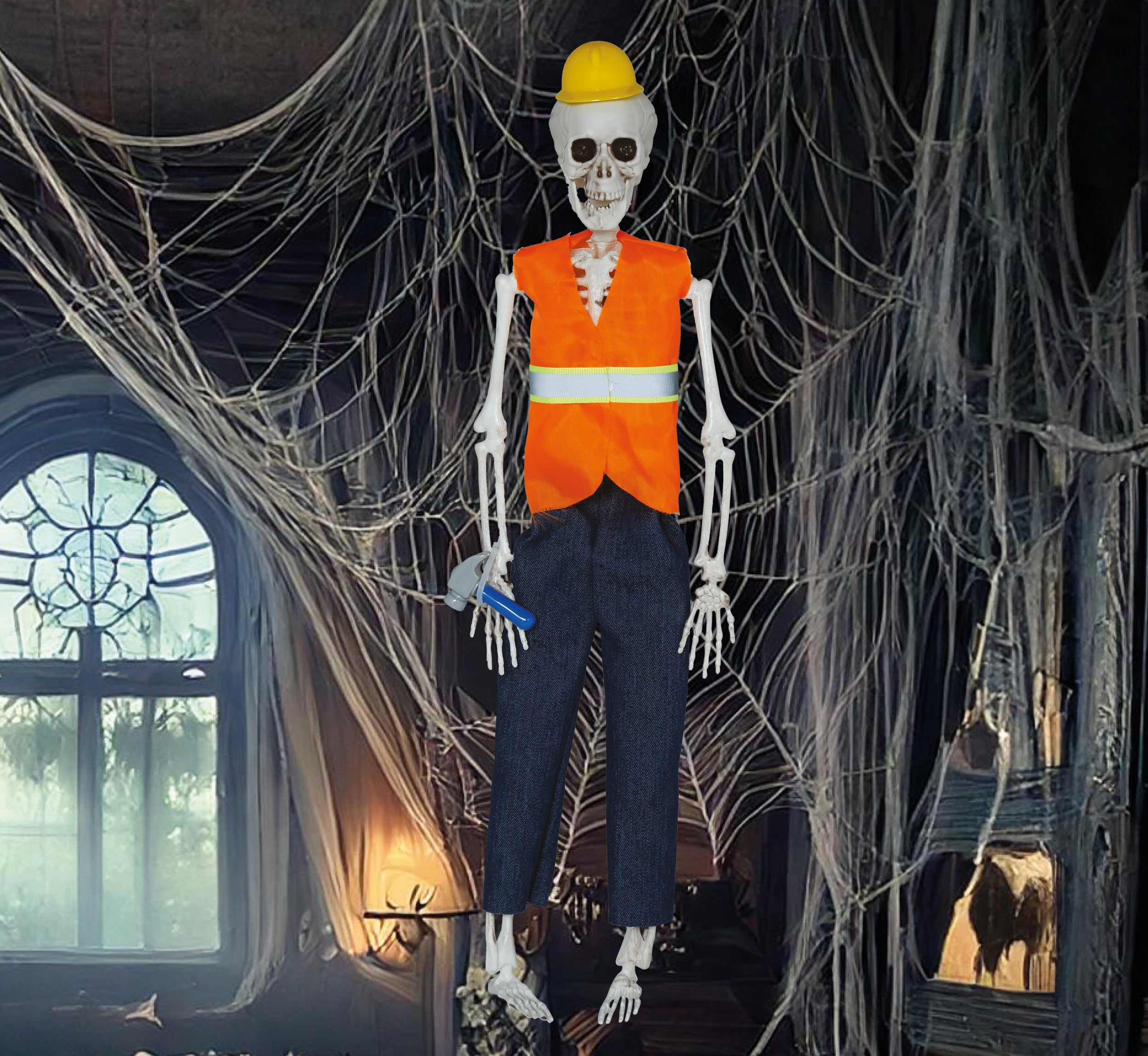 GP29011 – Skelett Bauarbeiter Figur Halloween – Farbe: Orange / Blau