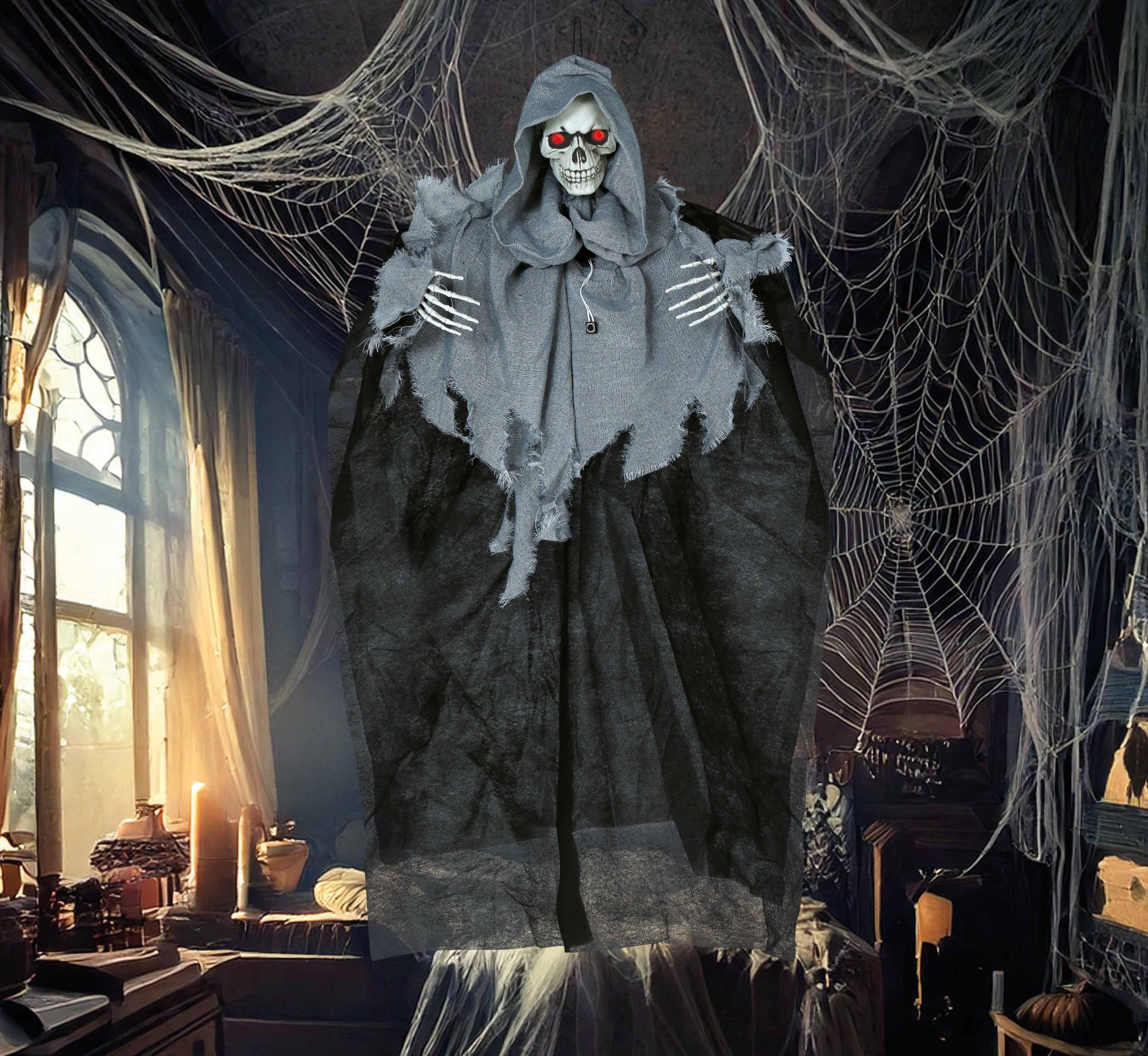 GP29025 – Skelett Hängefigur Halloween Deko Animiert – Farbe: Schwarz / Grau