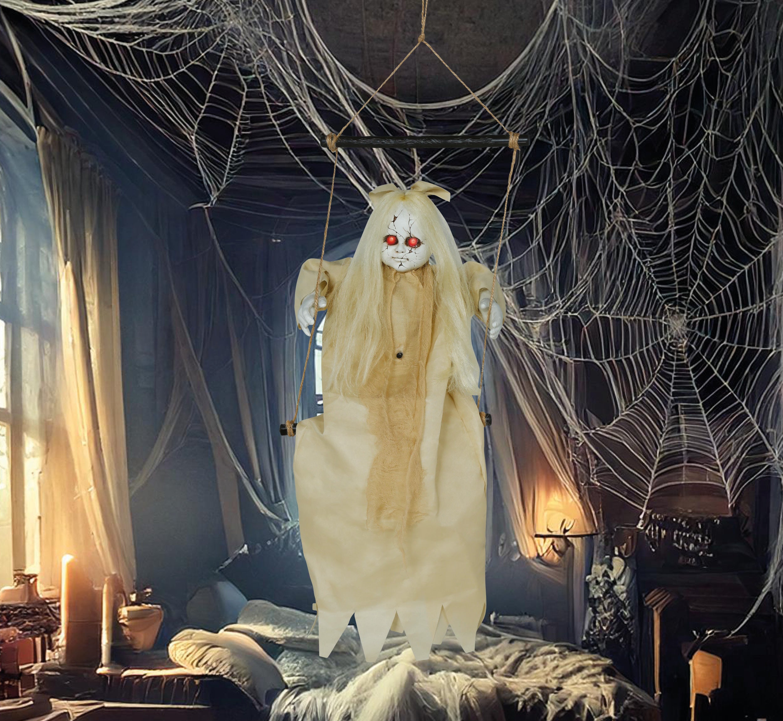 GP29026 – Halloween Schaukelnde Geisterfigur Gruseldeko – Farbe: Beige