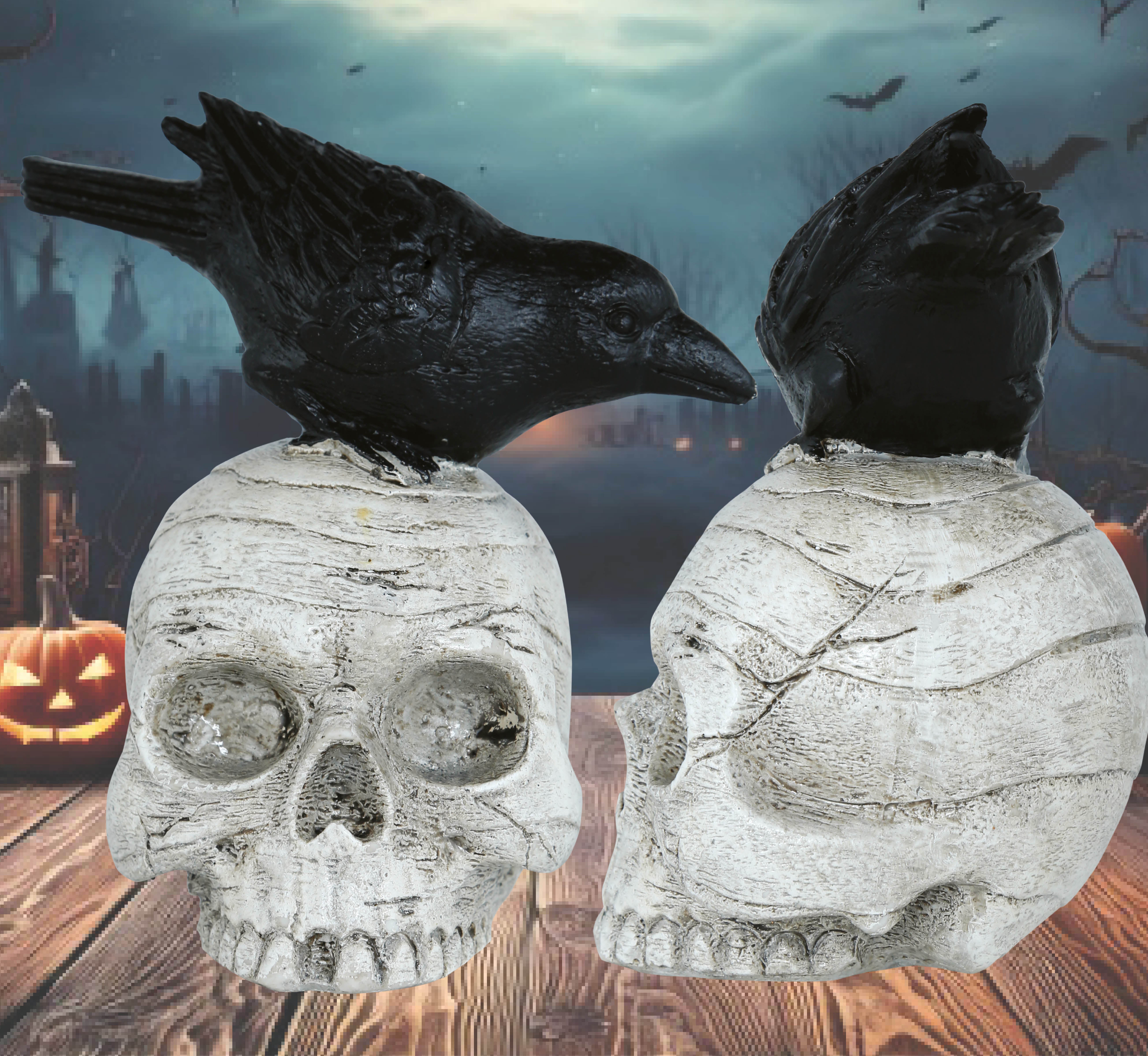 GP29093 – Skelett Dekoration Rabe Totenschädel – Farbe: Beige / Schwarz