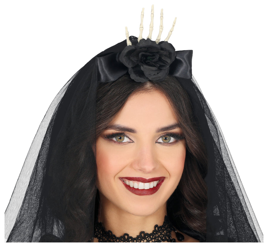 GP29323 – Halloween Skelett Hand Haarreifen Blumendekor – Farbe: Schwarz, Ansicht 2