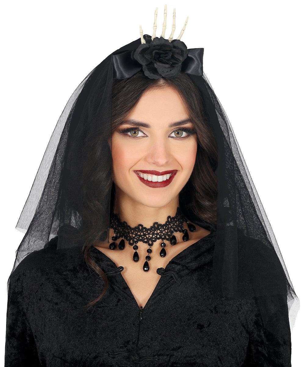 GP29323 – Halloween Skelett Hand Haarreifen Blumendekor – Farbe: Schwarz