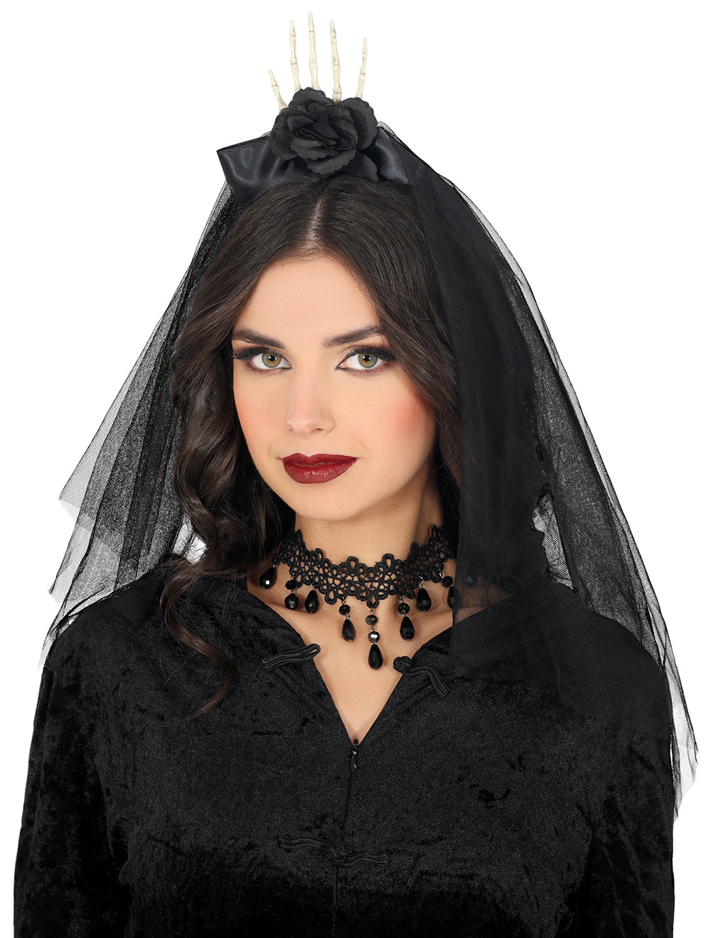 GP29323 – Halloween Skelett Hand Haarreifen Blumendekor – Farbe: Schwarz