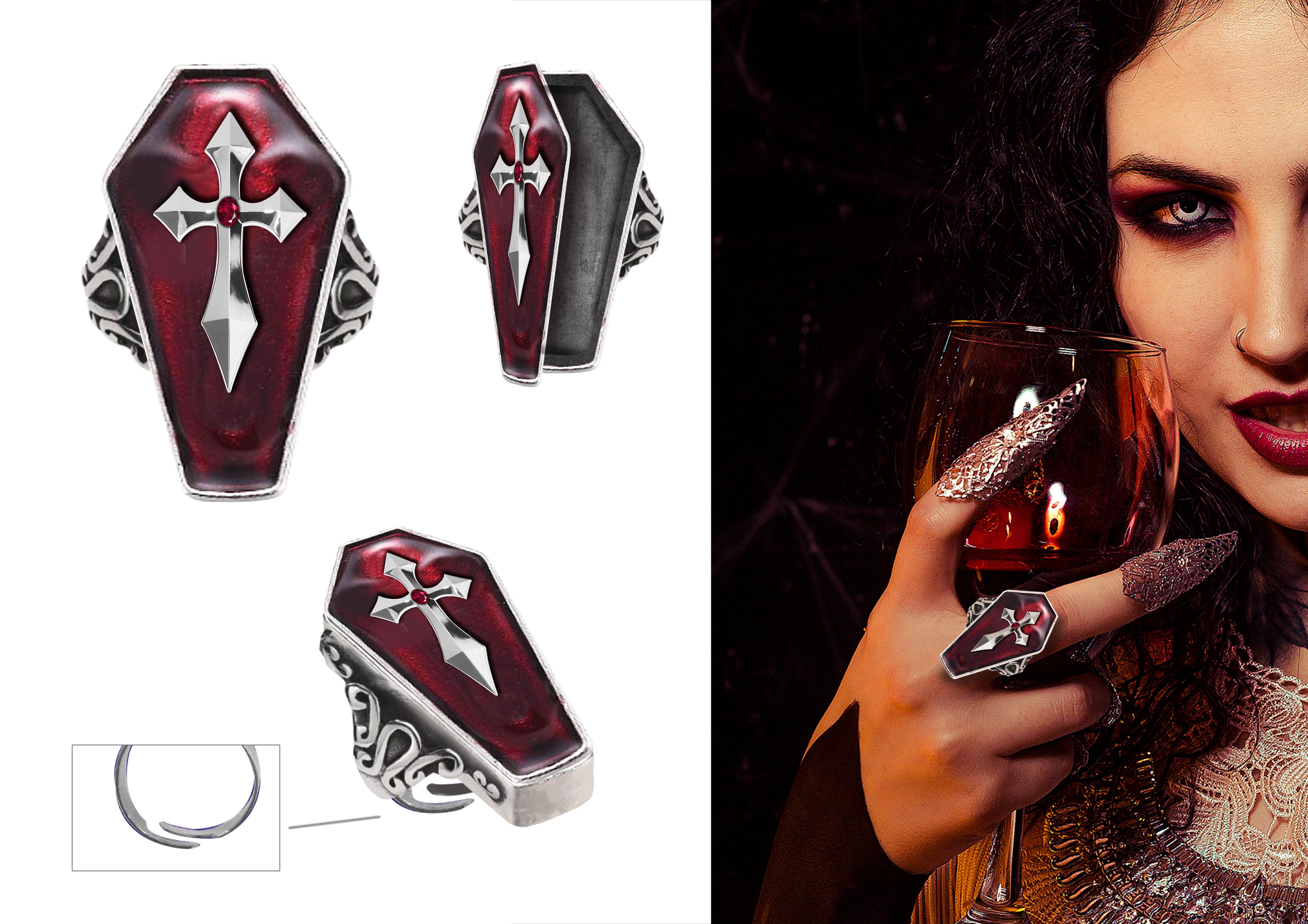GP29359 – Halloween Gothic Ring Kreuz Sarg Rot – Farbe: Mehrfarbig