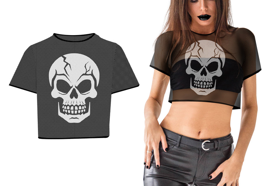 Totenkopf Netzshirt für Erwachsene bauchfrei