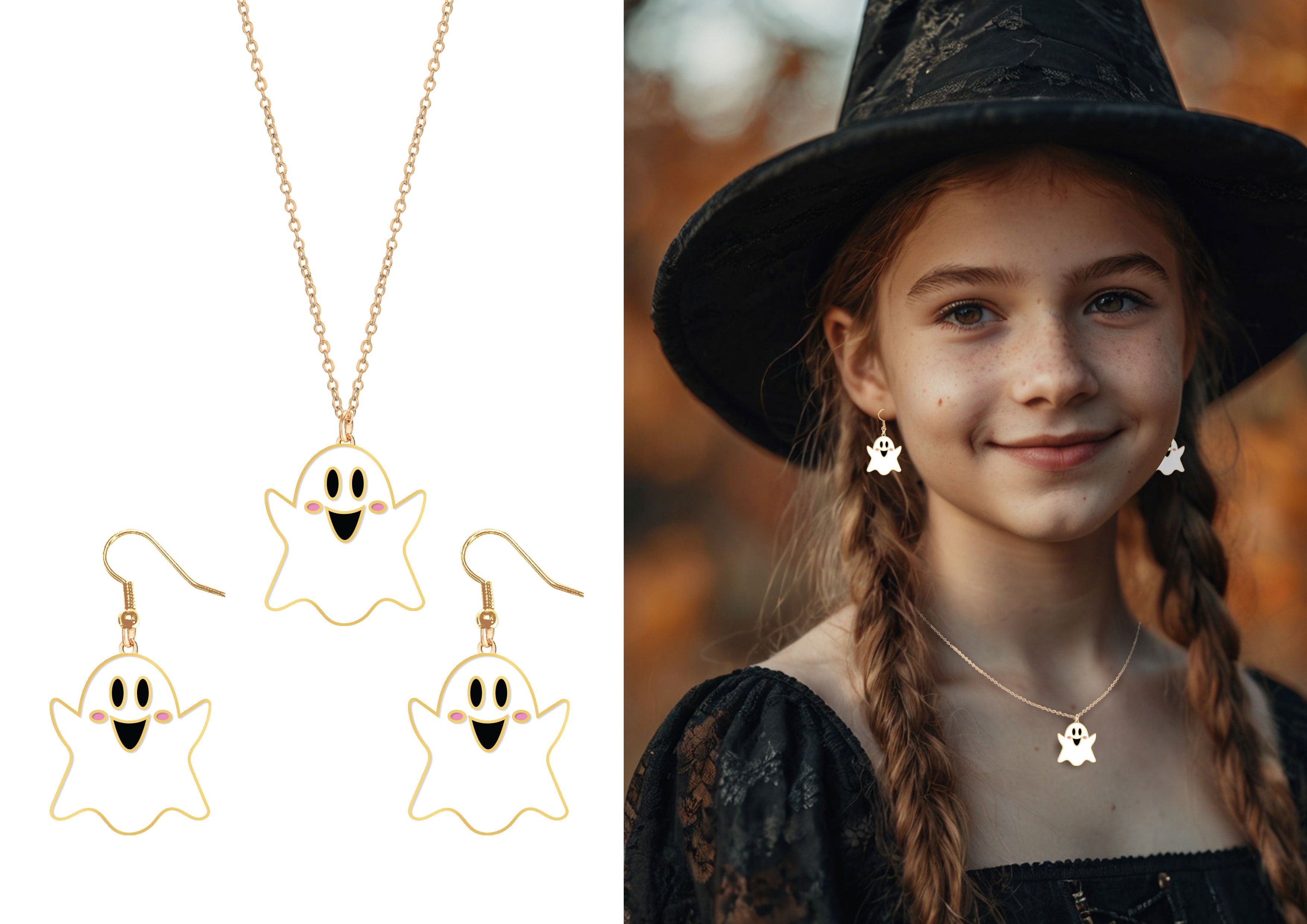 GP29424 – Gespenst Halloween Schmuck Set Ohrringe Kette – Farbe: Mehrfarbig