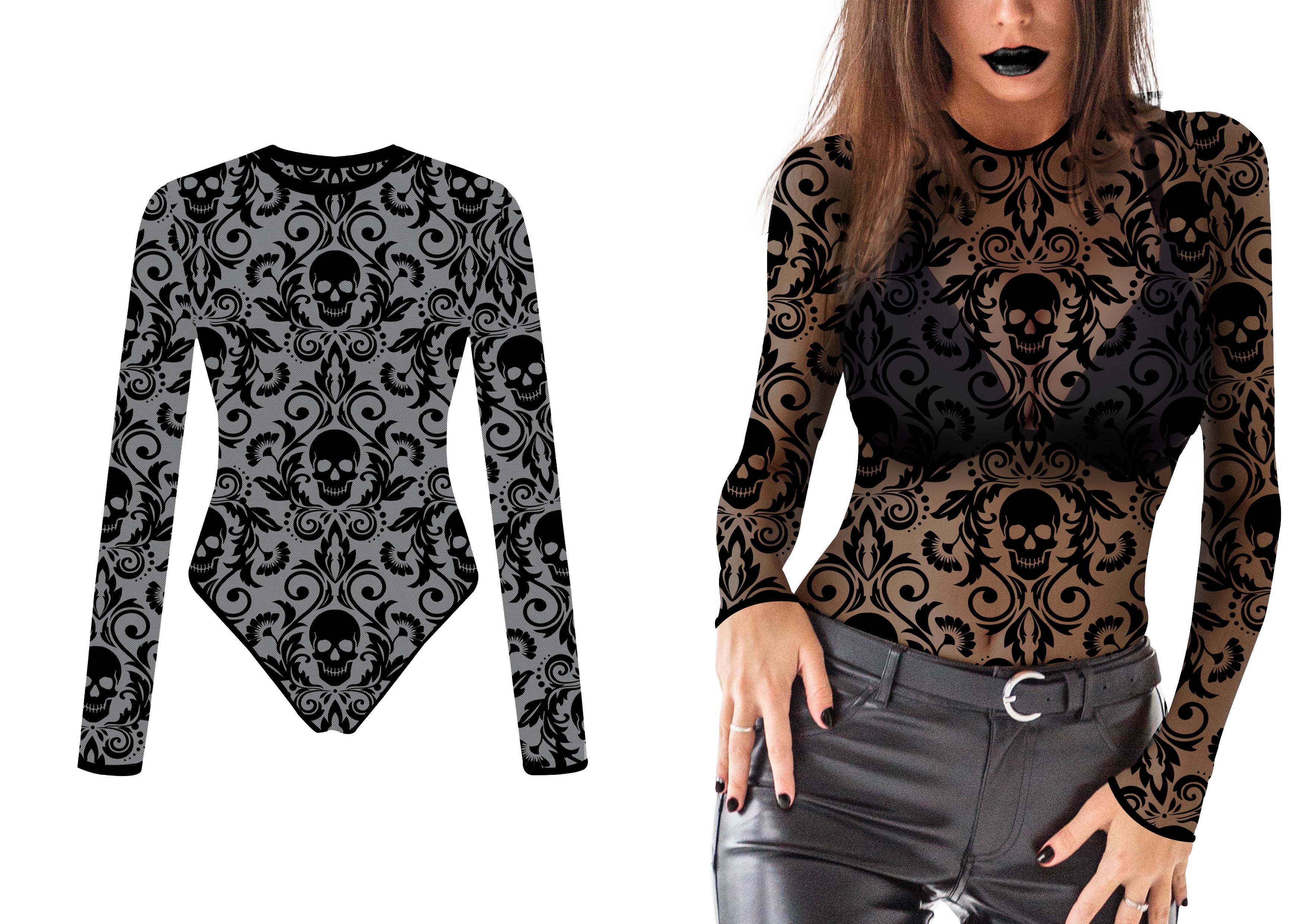 GP29444 – Halloween Skull Spitzenbody Schwarz – Größe: 38 - 40 (M), 42 - 44 (L) – Farbe: Schwarz