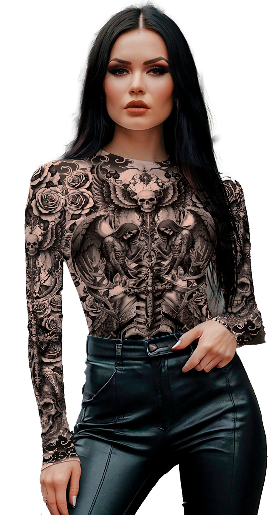 Tattoo Body für Damen mit Totenkopf und Rosen