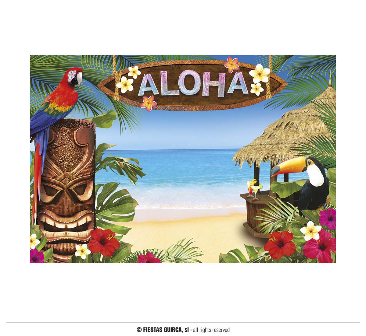 GP31060 – Hawaii Strand Kulisse Aloha Tiki Papagei Dekor – Farbe: Mehrfarbig