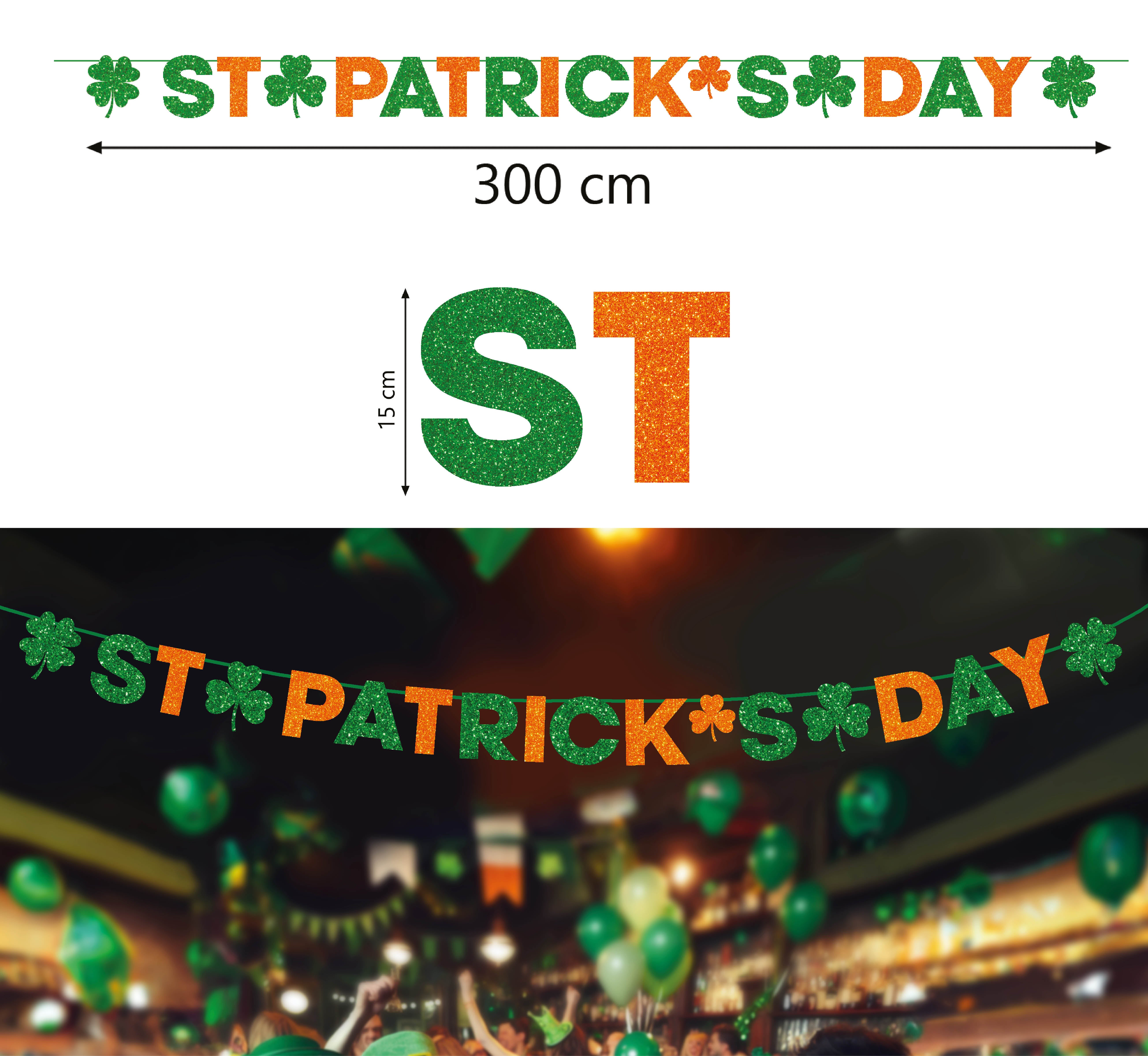 GP31219 – St Patricks Feier Girlande Kleeblatt – Farbe: GrÜn / Orange