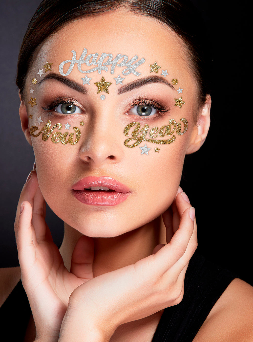 GP31814 – Silvester Glitzer Gesicht Sticker Neujahr – Farbe: Gold