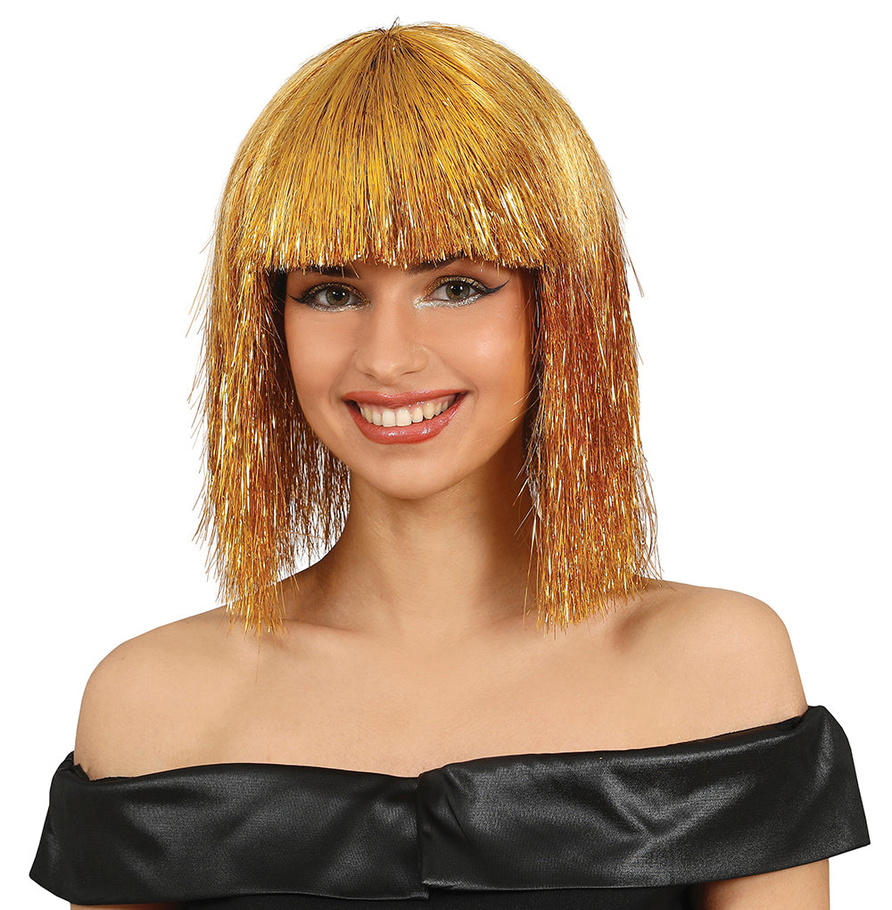 GP48019 – Lametta Perücke für Damen mittellang mit Pony – Farbe: Gold