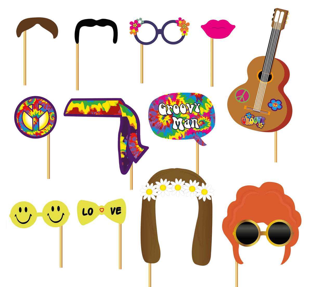 GP7204 – Hippie Fotorequisiten 12 teilig 18 cm – Farbe: Mehrfarbig