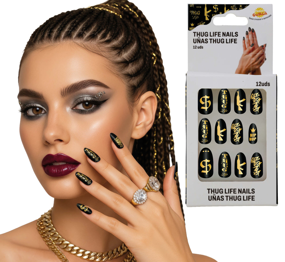 GP15981 – Motiv Kunstnägel für Erwachsene 12 Stück – Farbe: Schwarz / Gold