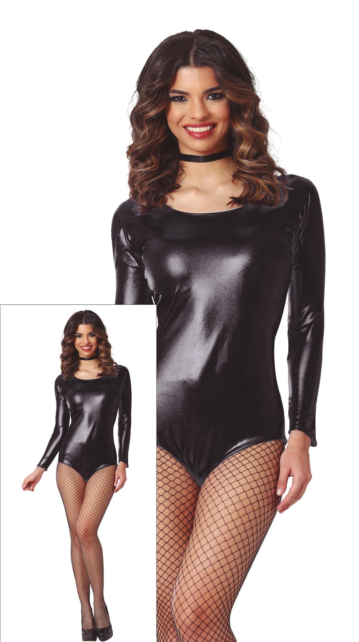 GP80332 – Glanz Body für Damen schwarz Langarm – Größe: 42 - 44 (L) – Farbe: Schwarz