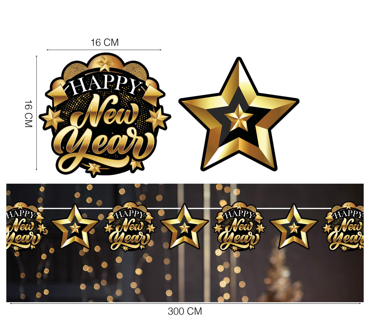 GP31819 – Happy New Year Girlande 300 cm Silvester Deko – Farbe: Stern