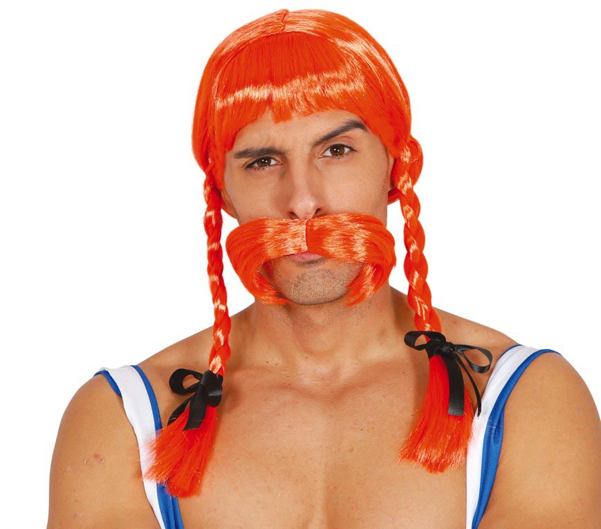 Gallier Perücke für Herren orange mit Zöpfen