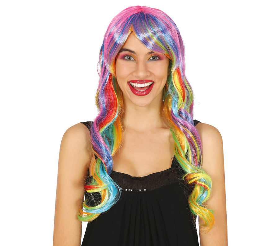 Regenbogen Perücke für Damen mehrfarbig lang