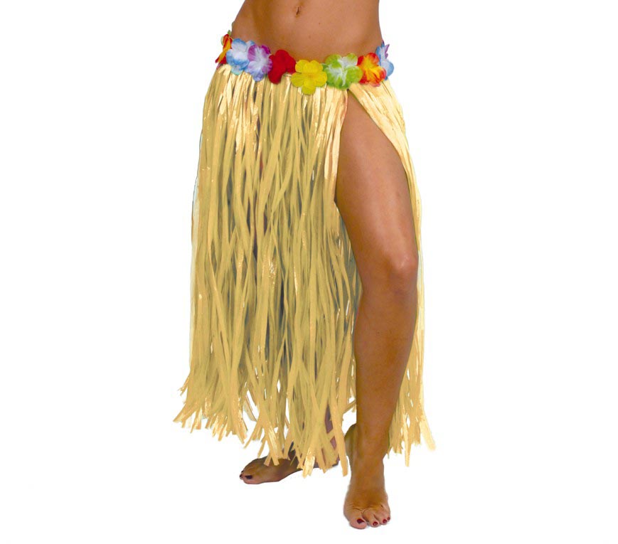 GP17637 – Langer Hawaii Rock für Damen 75 cm mit Blumen – Farbe: Natural