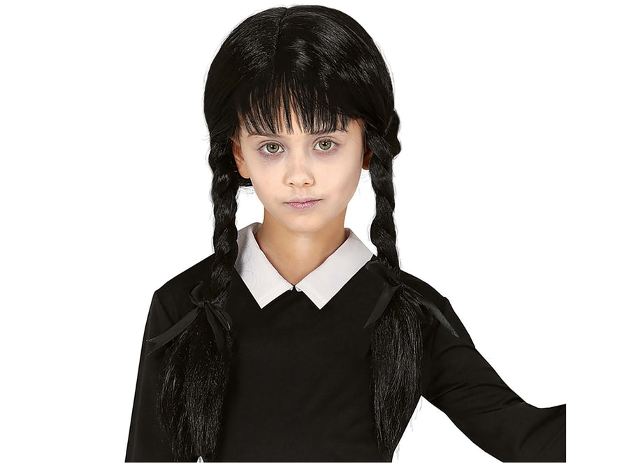 Zopfperücke für Mädchen schwarz mit Pony