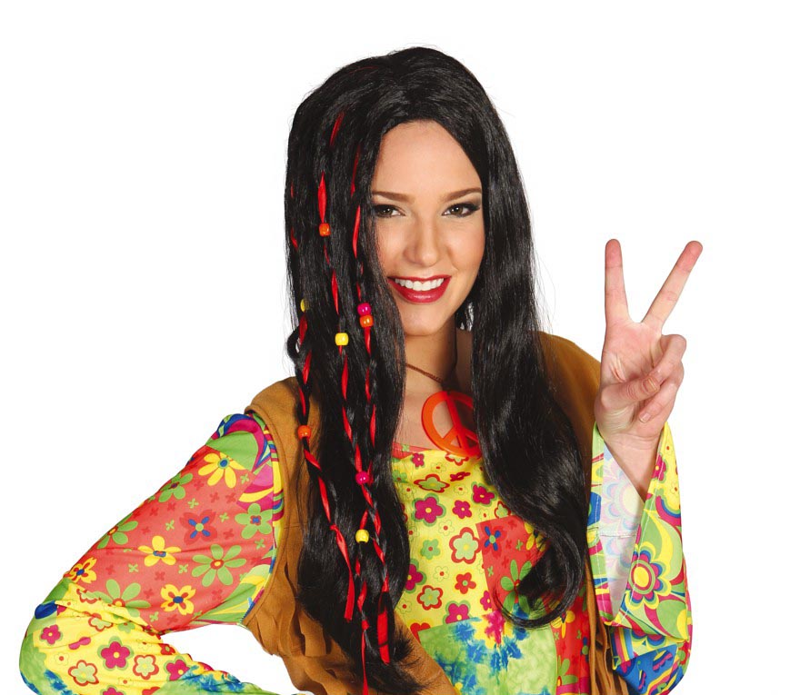 Hippie Perücke für Damen schwarz mit Perlen