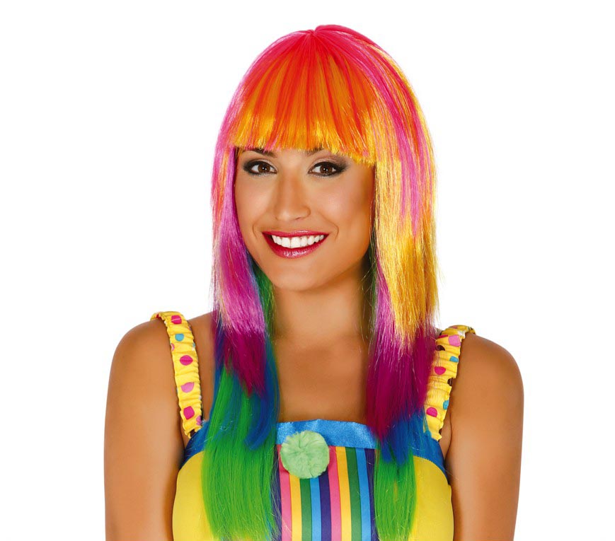 Regenbogen Perücke für Damen mit Pony