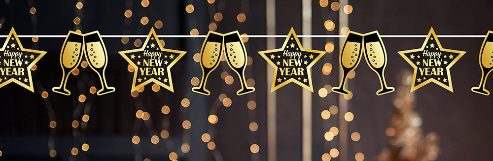 GP31819 – Happy New Year Girlande 300 cm Silvester Deko – Farbe: GlÄser
