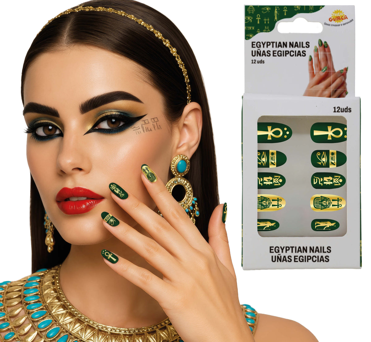GP15981 – Motiv Kunstnägel für Erwachsene 12 Stück – Farbe: Grün / Gold