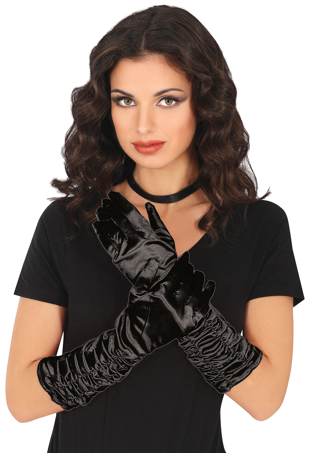 GP17868 – Glamour Handschuhe für Damen 40 cm gerafft – Farbe: Schwarz