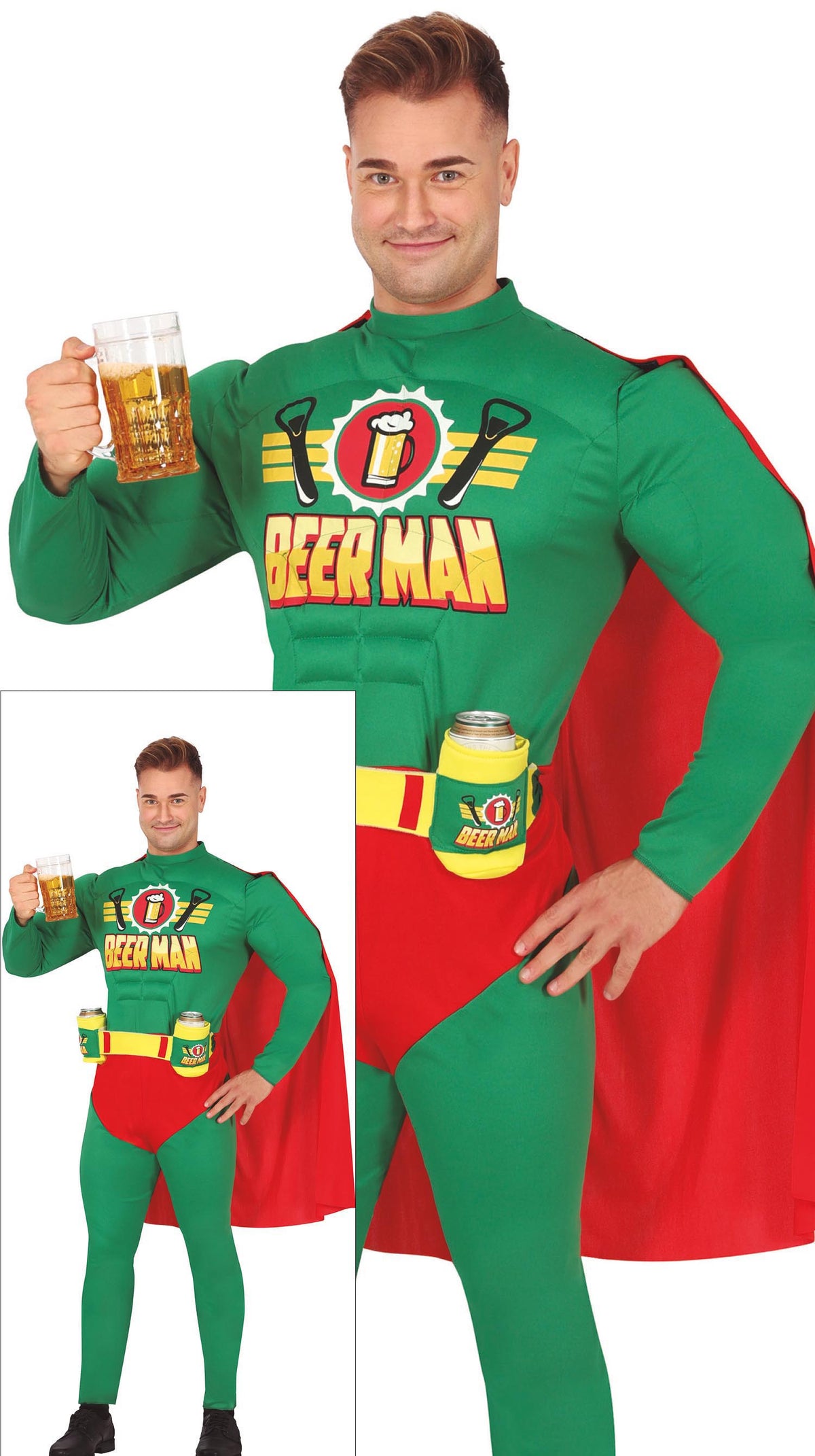 GP86014 – Bier Superheld Kostüm für Herren mit Umhang – Größe: 48 - 50 (M) – Farbe: Grün