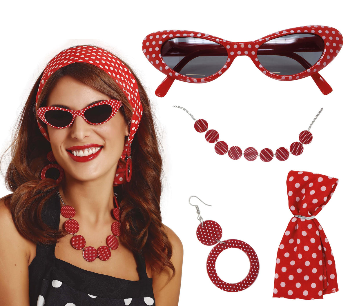 GP17929 – 50er Jahre Set für Damen rot mit Polka Dots – Farbe: Rot