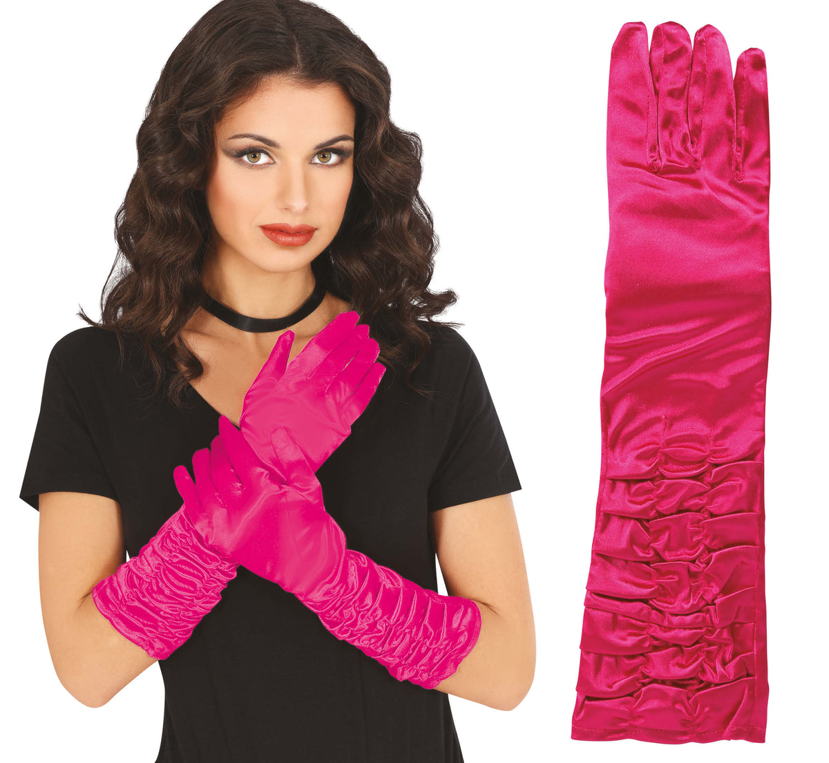 GP17868 – Glamour Handschuhe für Damen 40 cm gerafft – Farbe: Pink