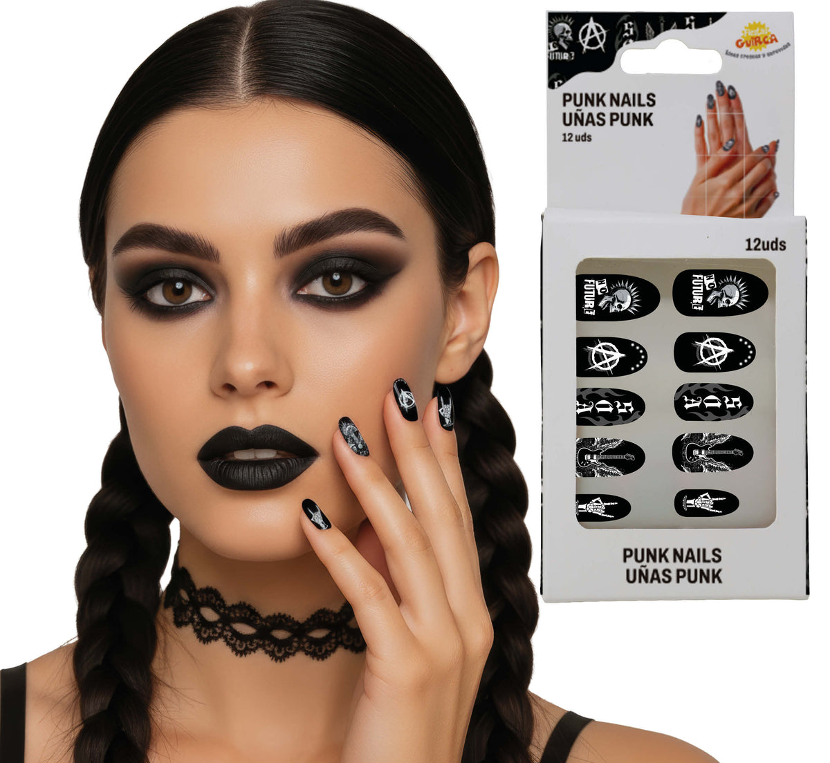 GP15981 – Motiv Kunstnägel für Erwachsene 12 Stück – Farbe: Schwarz / Weiß