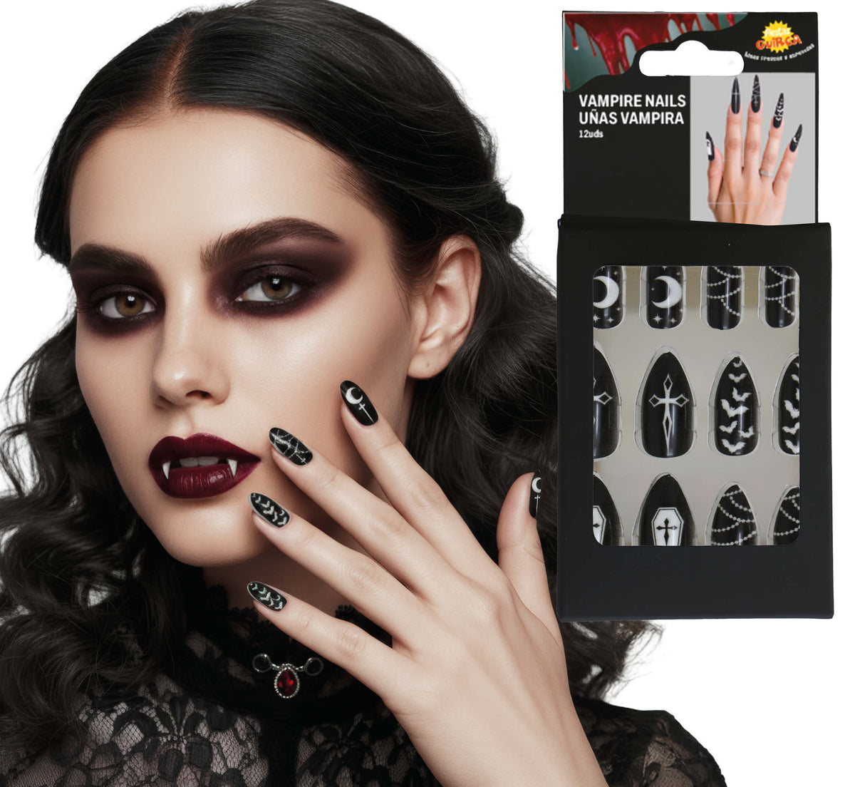 GP15920 – Lange Kunstnägel für Damen Stiletto Gothic – Farbe: Schwarz-vampir
