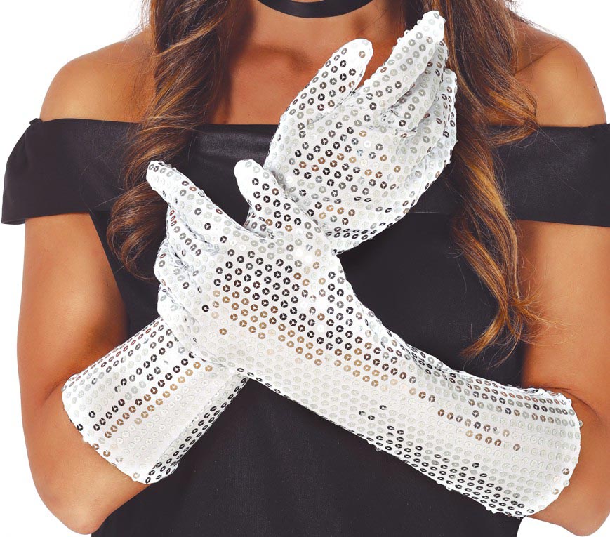 GP17862 – Pailletten Handschuhe für Damen 39 cm lang – Farbe: Silber, Schwarz, Rot