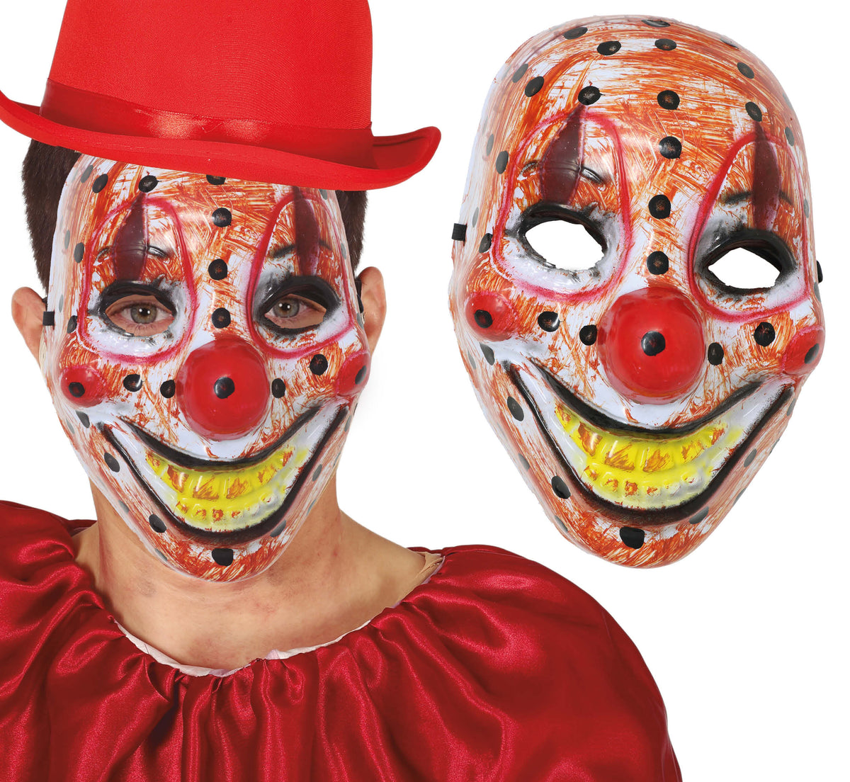GP2266 – Horrorclown Maske für Erwachsene mit roter Nase – Farbe: Beige