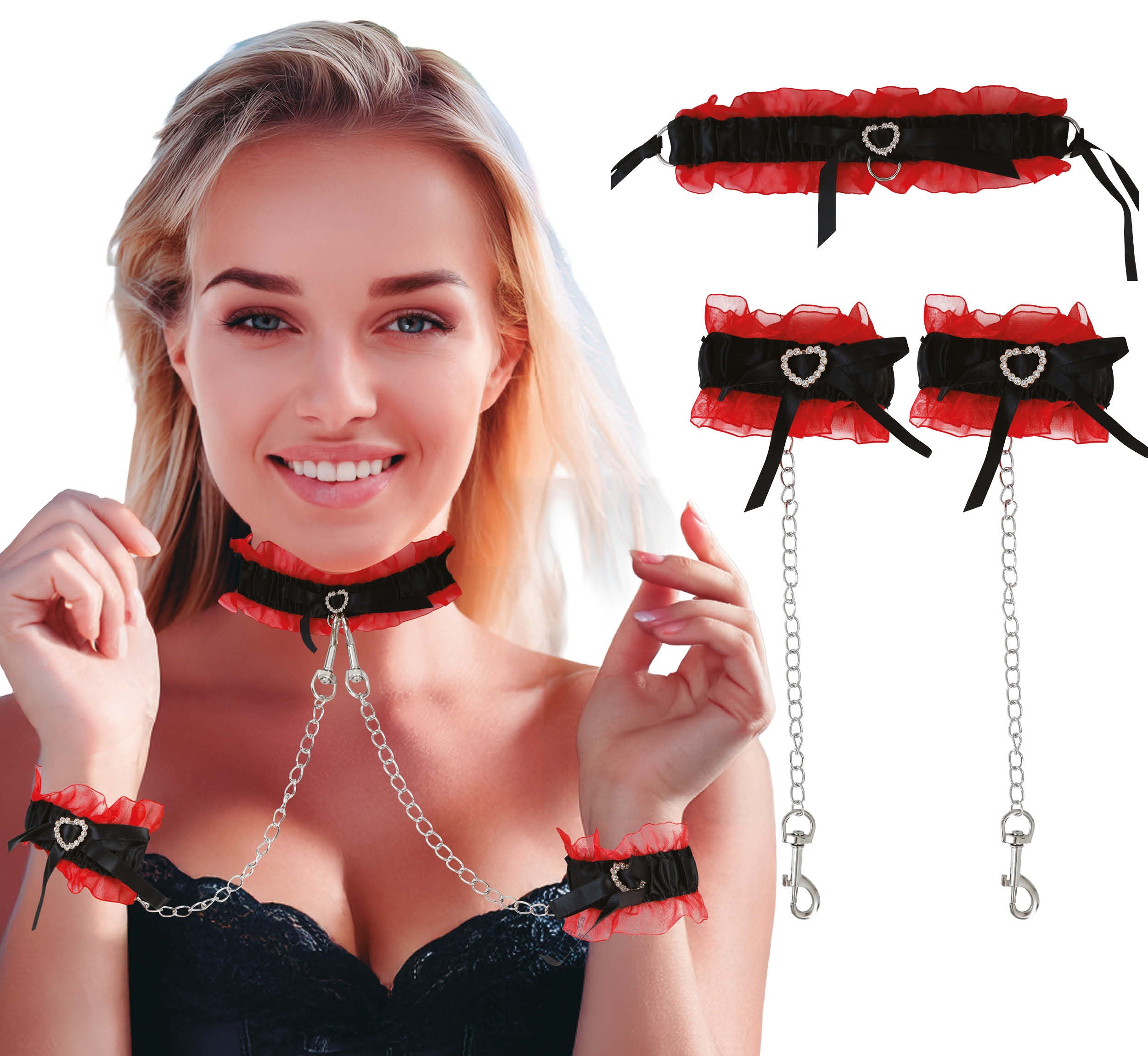 GP69047 – Sado Choker Kette Armband Set – Farbe: Schwarz / Rot