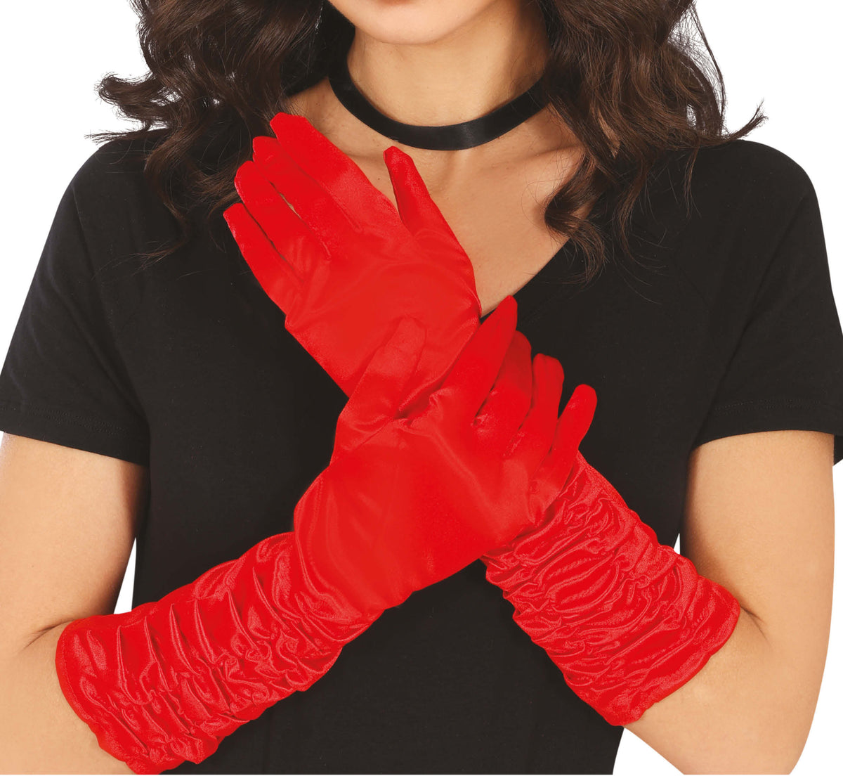 GP17868 – Glamour Handschuhe für Damen 40 cm gerafft – Farbe: Rot