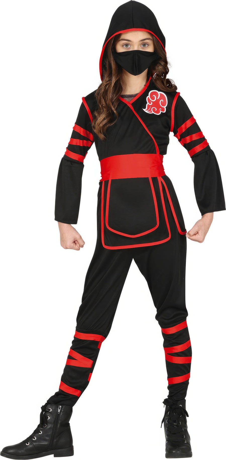 Ninja Kostüm für Mädchen schwarz rot mit Maske