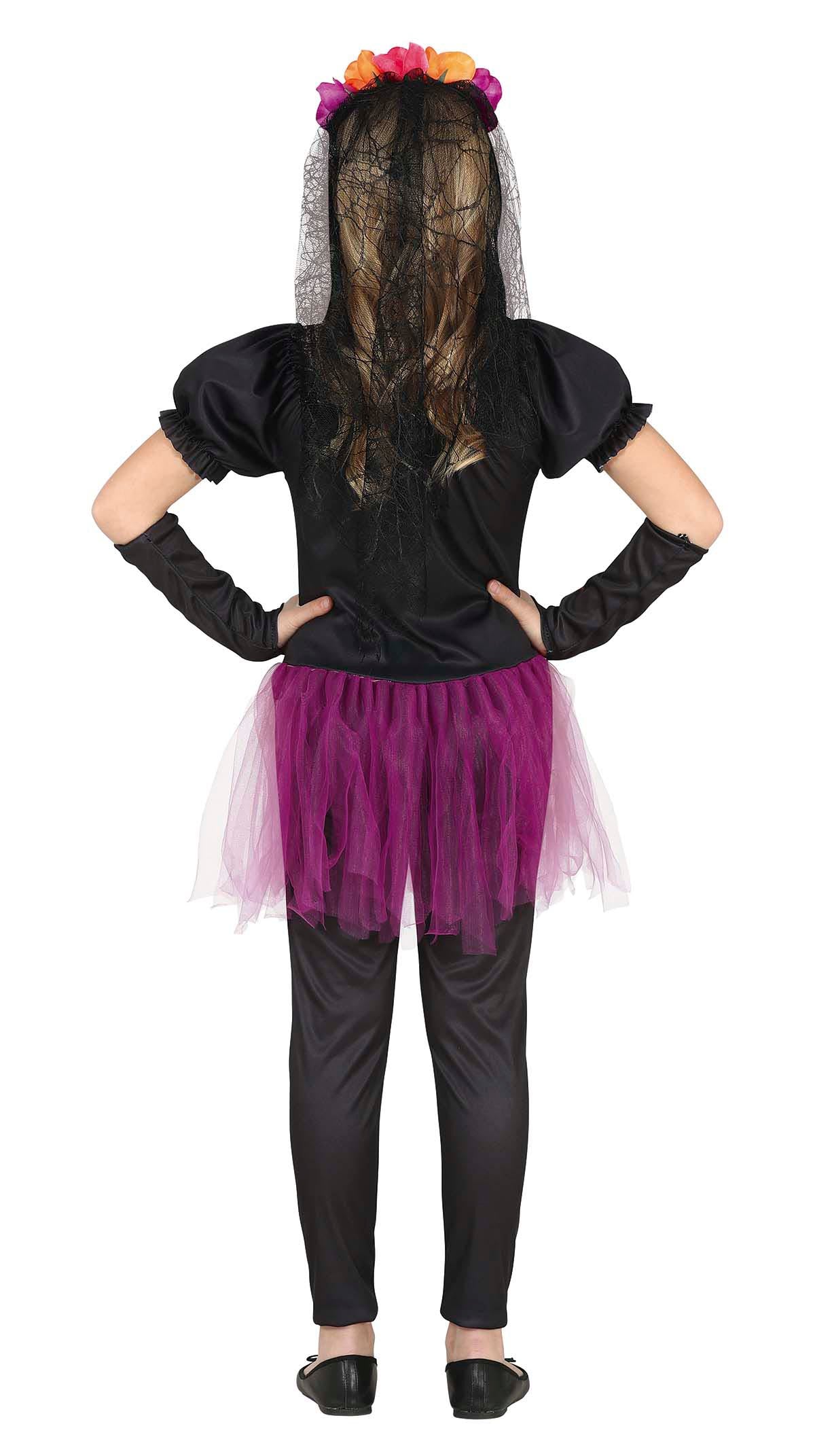 GP77682 – Mexiko Blüten Skelett Outfit Halloween – Größe: 128/134 – Farbe: Schwarz