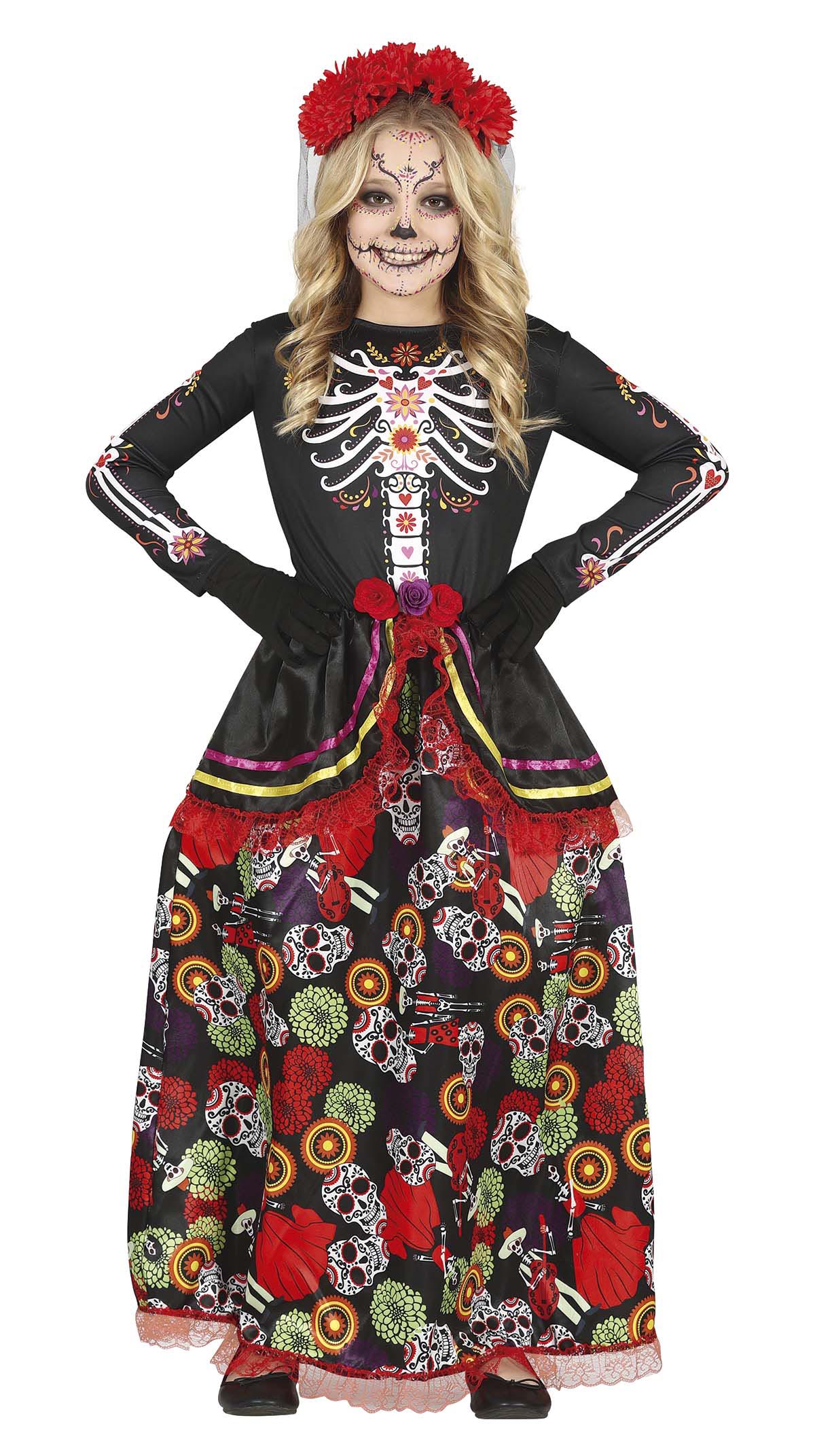 GP77686 – Mexiko Skelett Blumen Festliche – Größe: 128/134 – Farbe: Schwarz