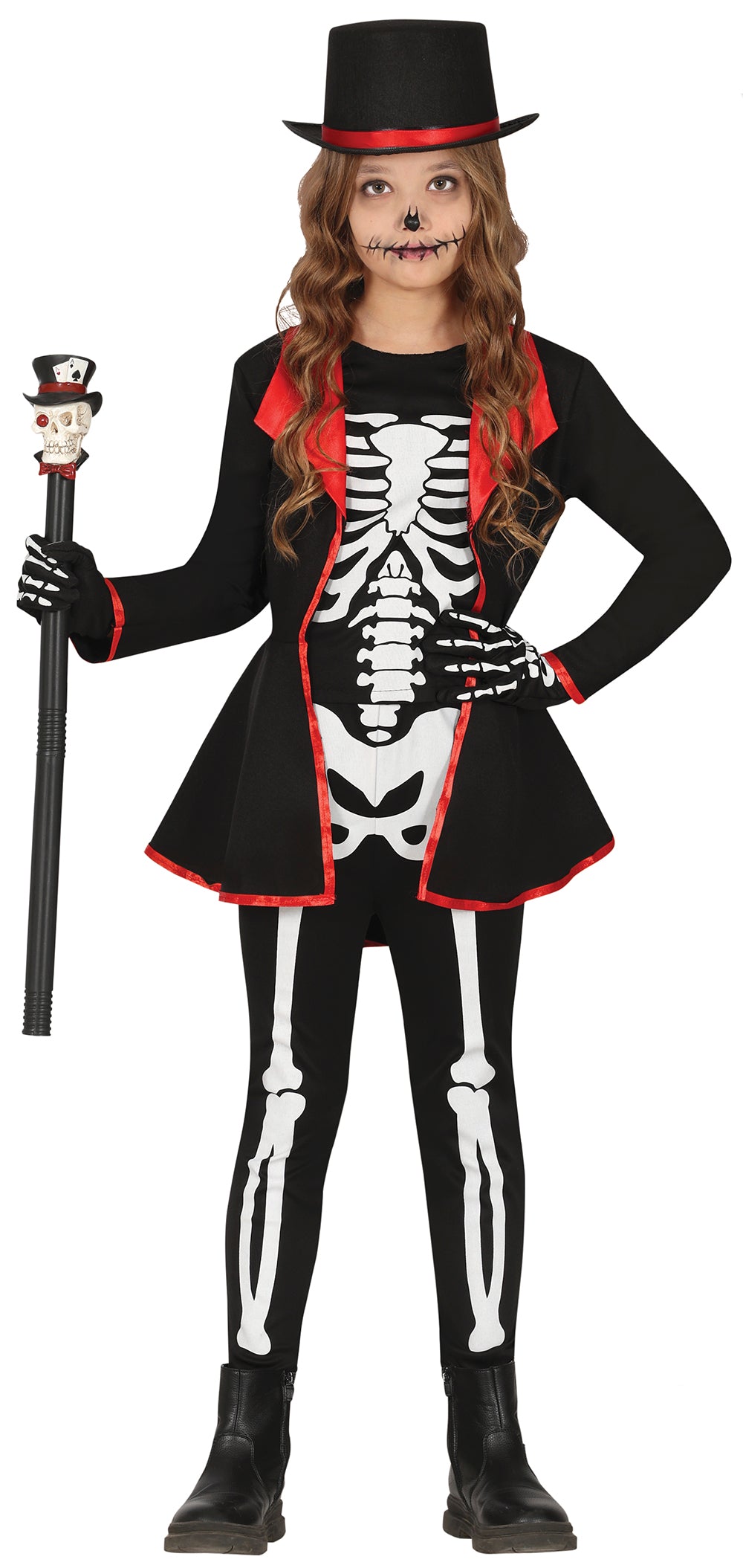 GP78319 – Skelett Halloween Kostüm Eleganter Zylinder – Größe: 98/104, 110/116, 128/134, 140/146 – Farbe: Schwarz